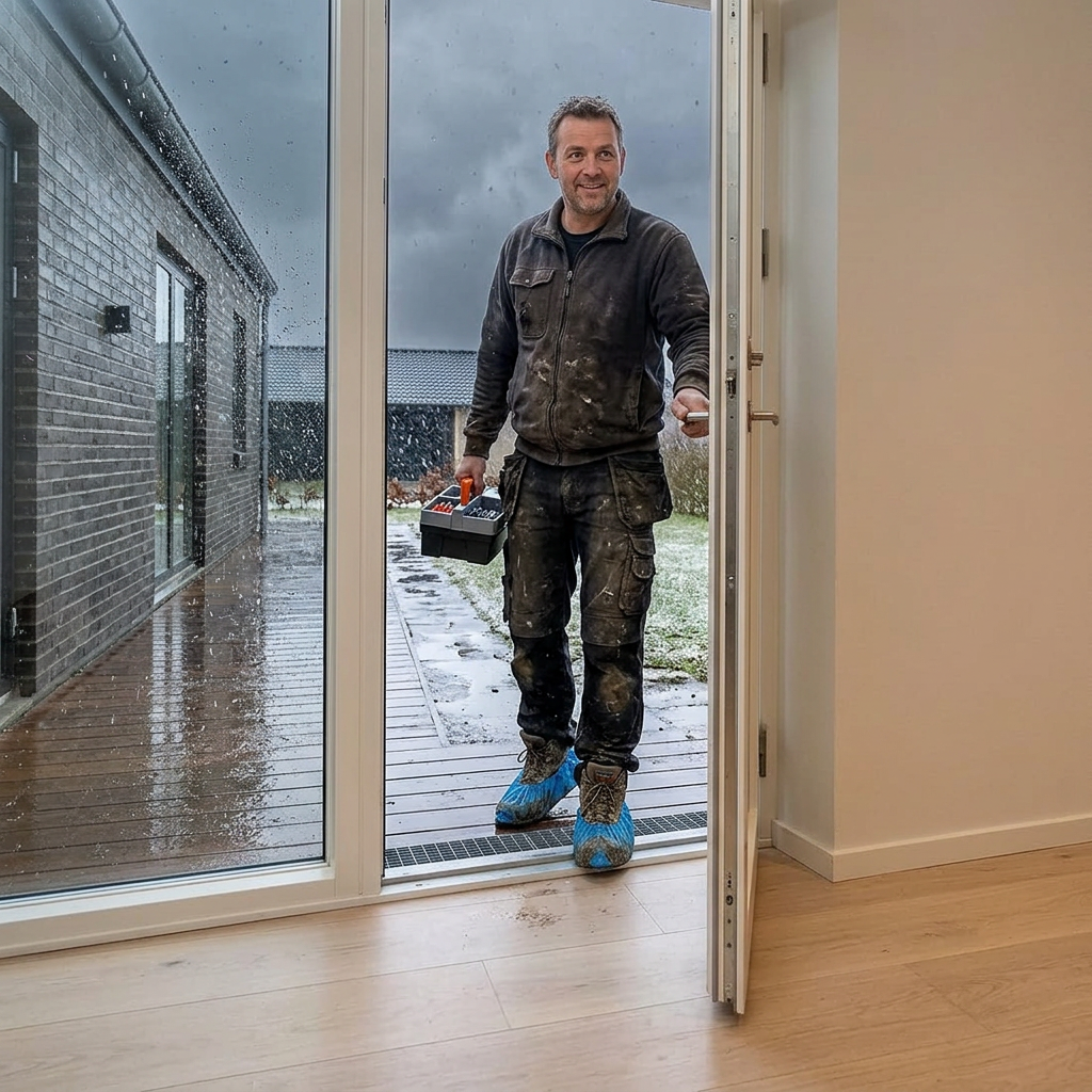 Håndværker med blå skoovertræk står i døråbning mens det sludder udenfor