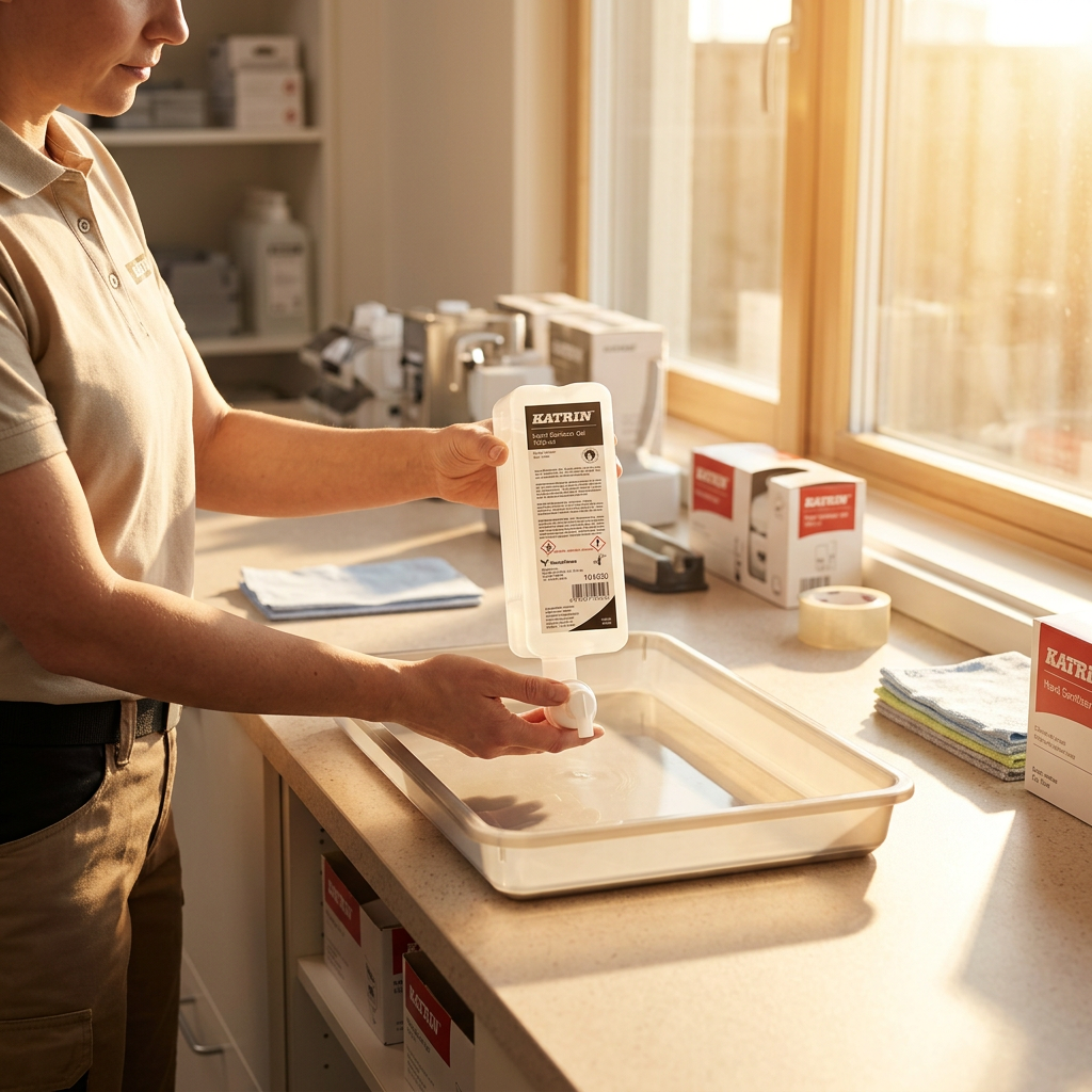 Medarbejder klargør Katrin gelrefill over servicebakke i solbelyst lokale