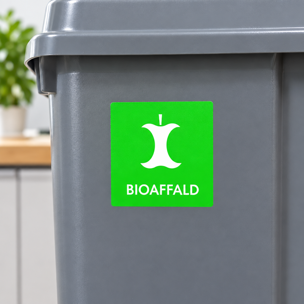 Detalje af grønt BIOAFFALD-klistermærke med hvidt æbleskrog