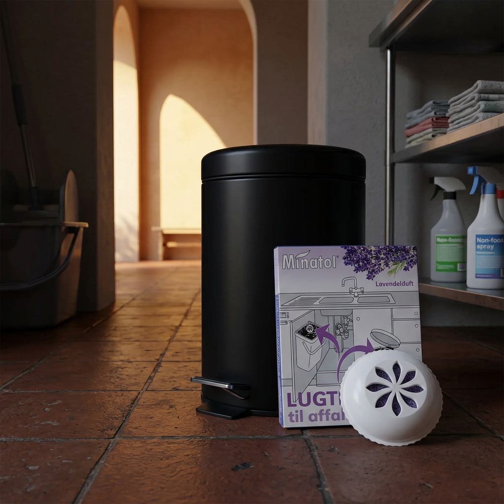 Minatol lavendel-lugtfjerner ved affaldsspand i caféens rengøringsområde, stemningsbillede