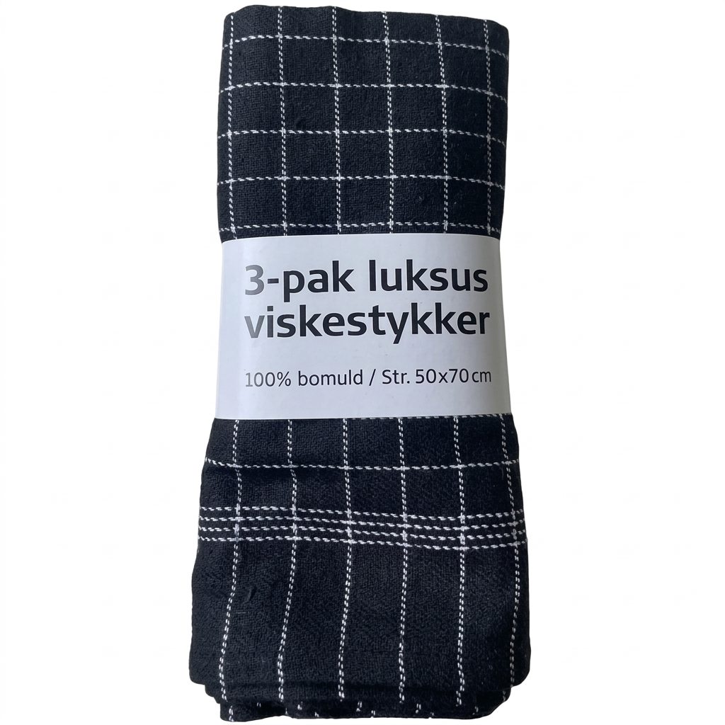 Sorte luksus-kokkeviskestykker med hvide tern, 50 × 70 cm, 3-pak på hvid baggrund