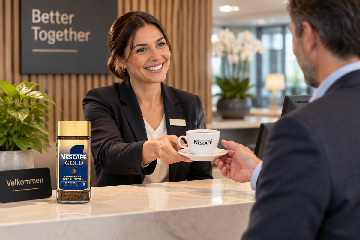 Miljøbillede, varenr. 3353: receptionist byder velkommen med kaffe fra Nescafé Gold Koffeinfri