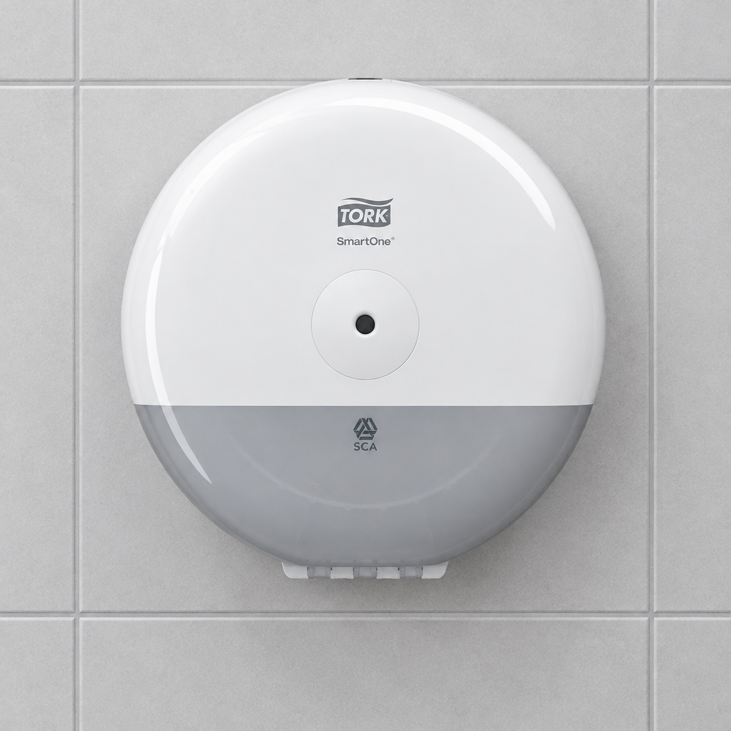 Hvid rund Tork SmartOne Mini T9 681000 toiletpapirdispenser på kontortoilet