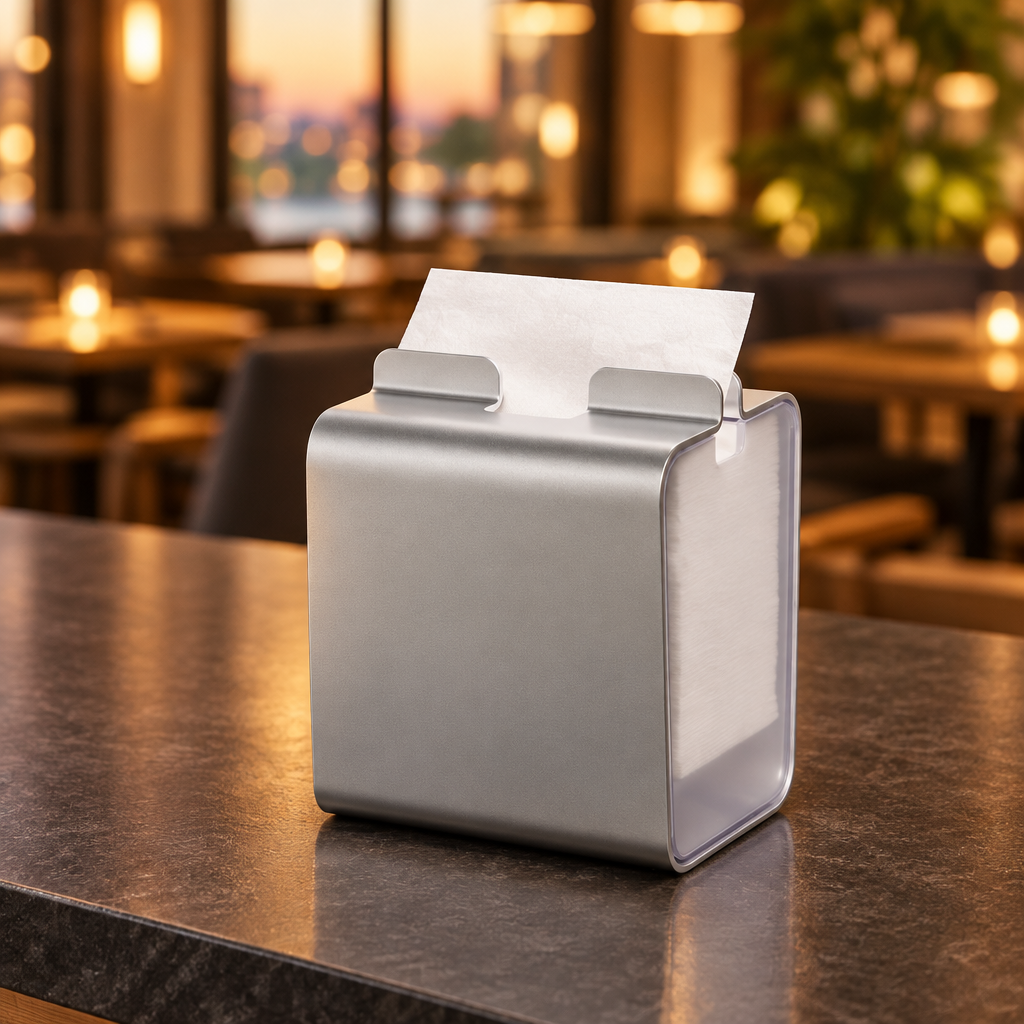 Tork N4 servietdispenser i aluminium ved restaurantens selvbetjening