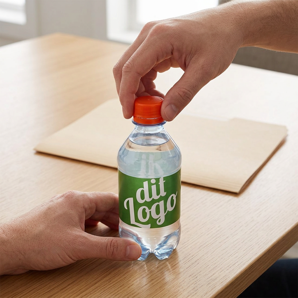 Orange låg drejes på en kort logovandsflaske på mødebordet