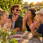 Fire voksne med Sun Lolly Sour Pink ved havepause i aftensol