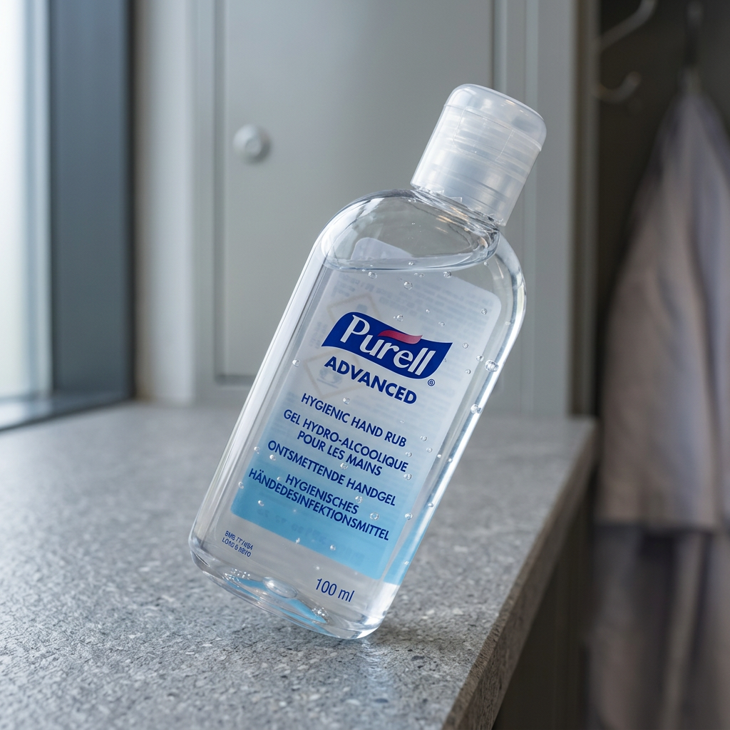 Purell Advanced 100 ml vist på skrå over stenhylde, genereret stemningsbillede