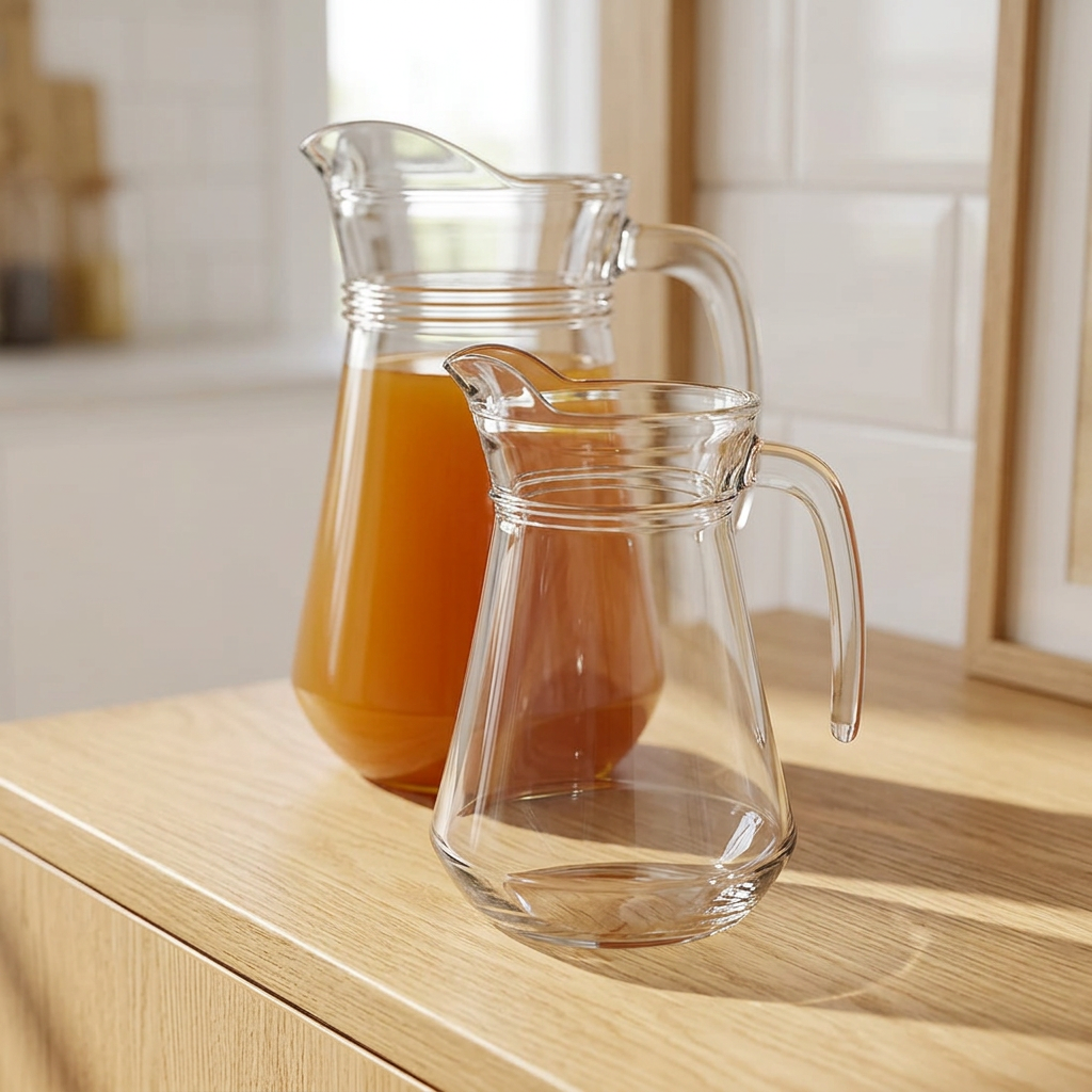 Lille glaskande med større Arc Broc kande i baggrunden; den store kande og juice følger ikke med