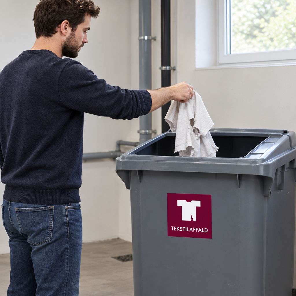 Person sorterer hullet T-shirt i beholder mærket TEKSTILAFFALD