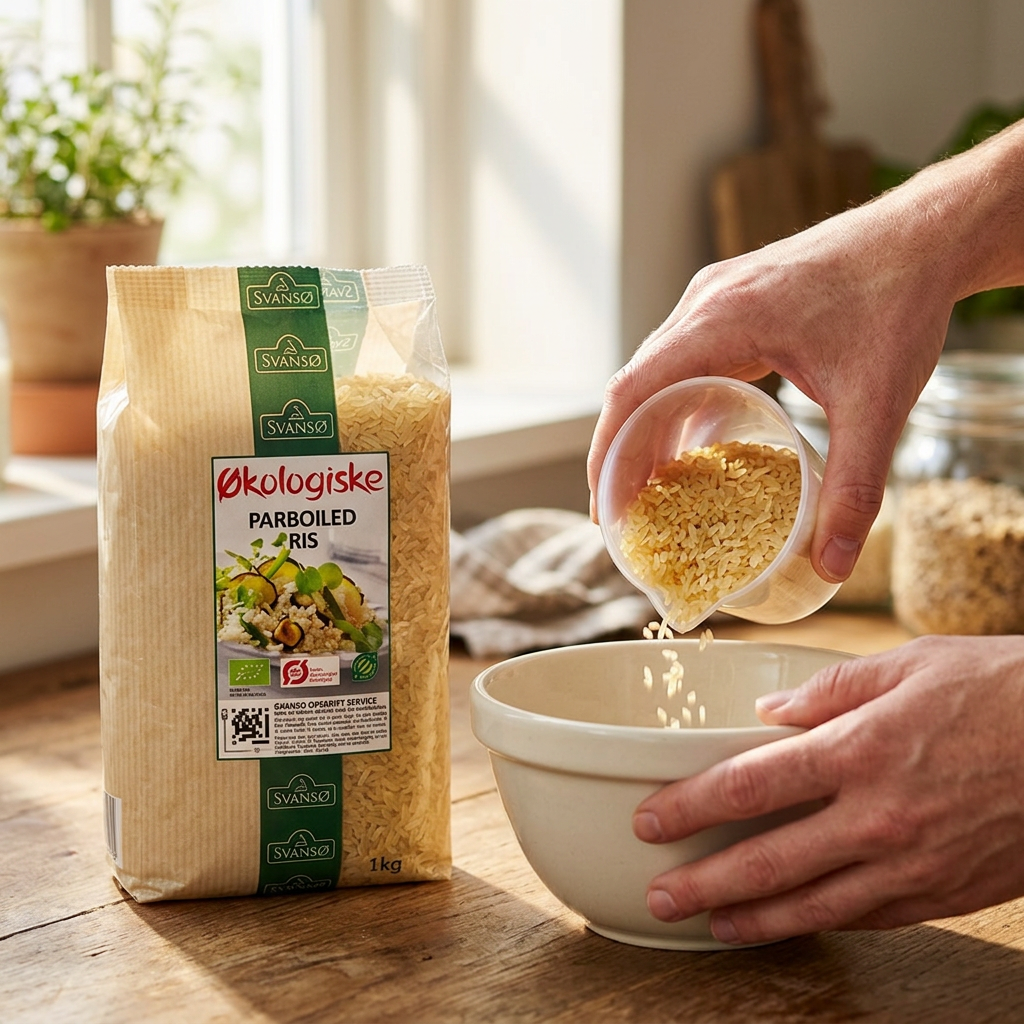 Svansø parboiled ris afmåles fra kop til skål