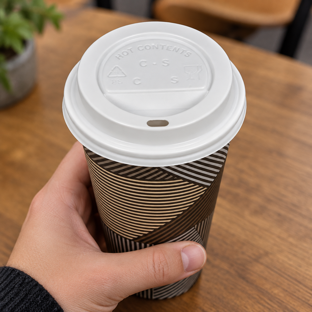Hvidt låg 1437 på Enjoy-kaffebæger holdt oprejst i hånden