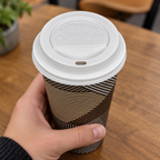 Hvidt låg 1437 på Enjoy-kaffebæger holdt oprejst i hånden