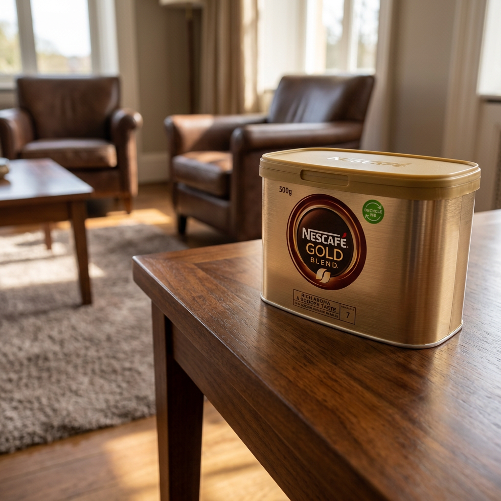 Nescafé Gold Blend 500 g set fra modsat side på bord i lyst opholdsrum