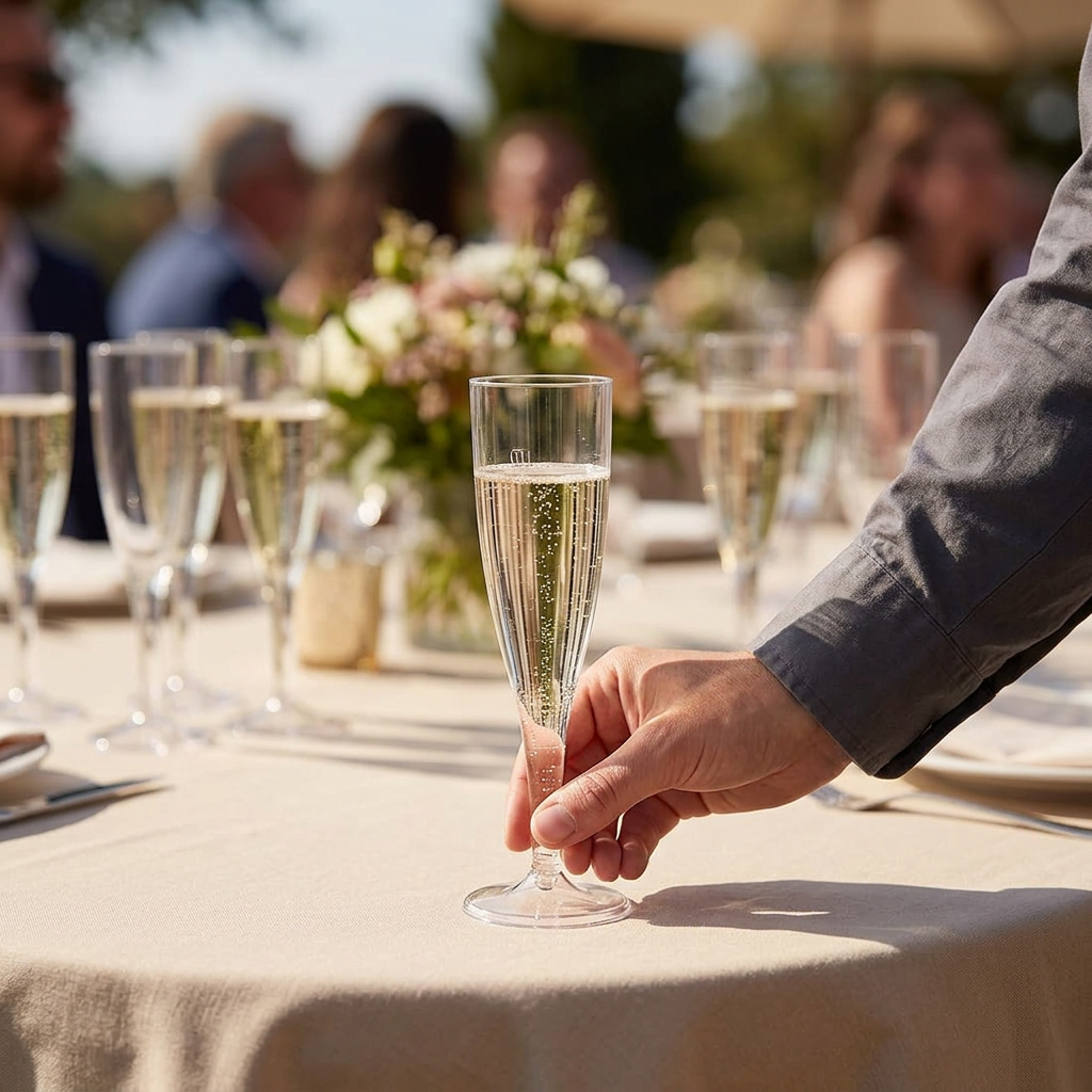 Voksen placerer champagneglas med fast fod på sollyst receptionsbord