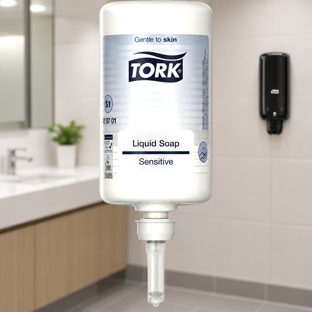 Tork S1 Sensitiv-refill med separat sort S1-dispenser i baggrunden, dispenser medfølger ikke