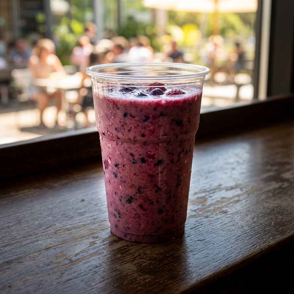 Bærsmoothie i klart plastglas ved et cafévindue