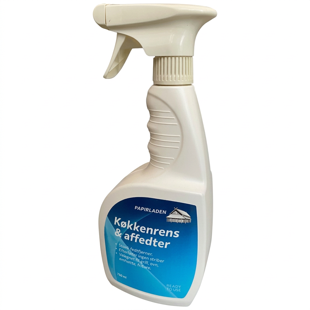 Køkkenrens og affedter Papirladen, 750 ml skumspray på hvid baggrund
