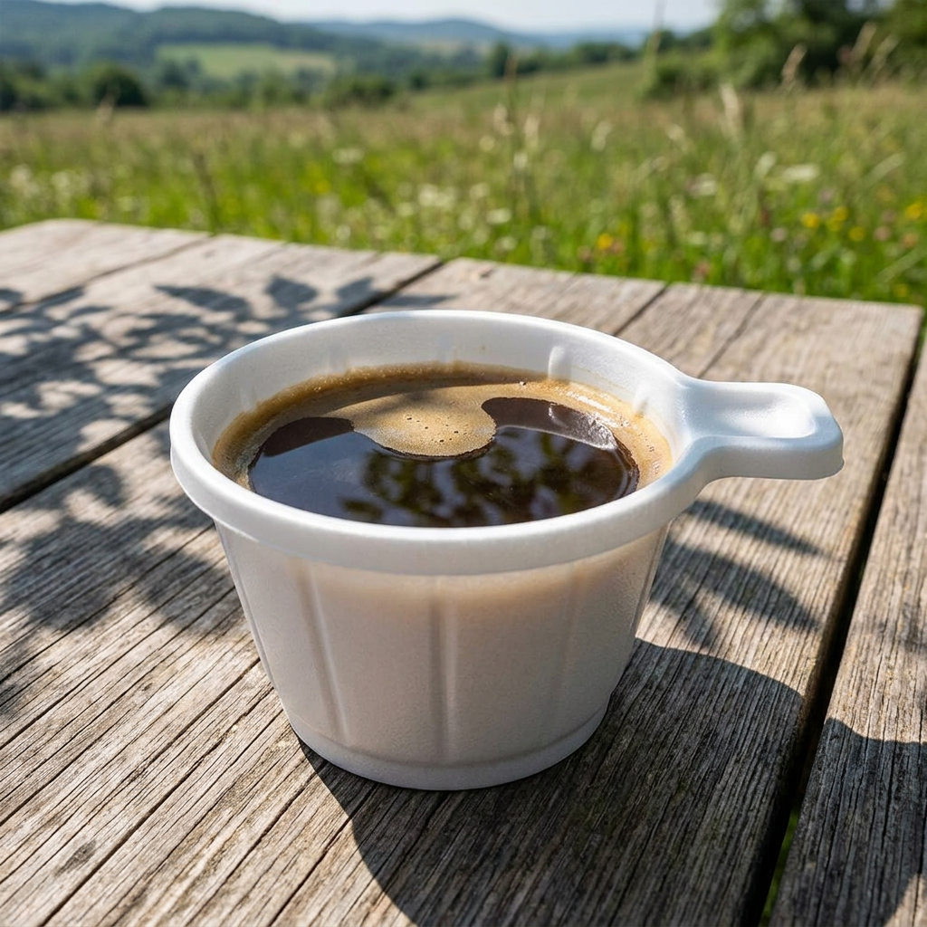 Hvid kaffekop med hank og kaffe på solrigt træbord ved grønt landskab