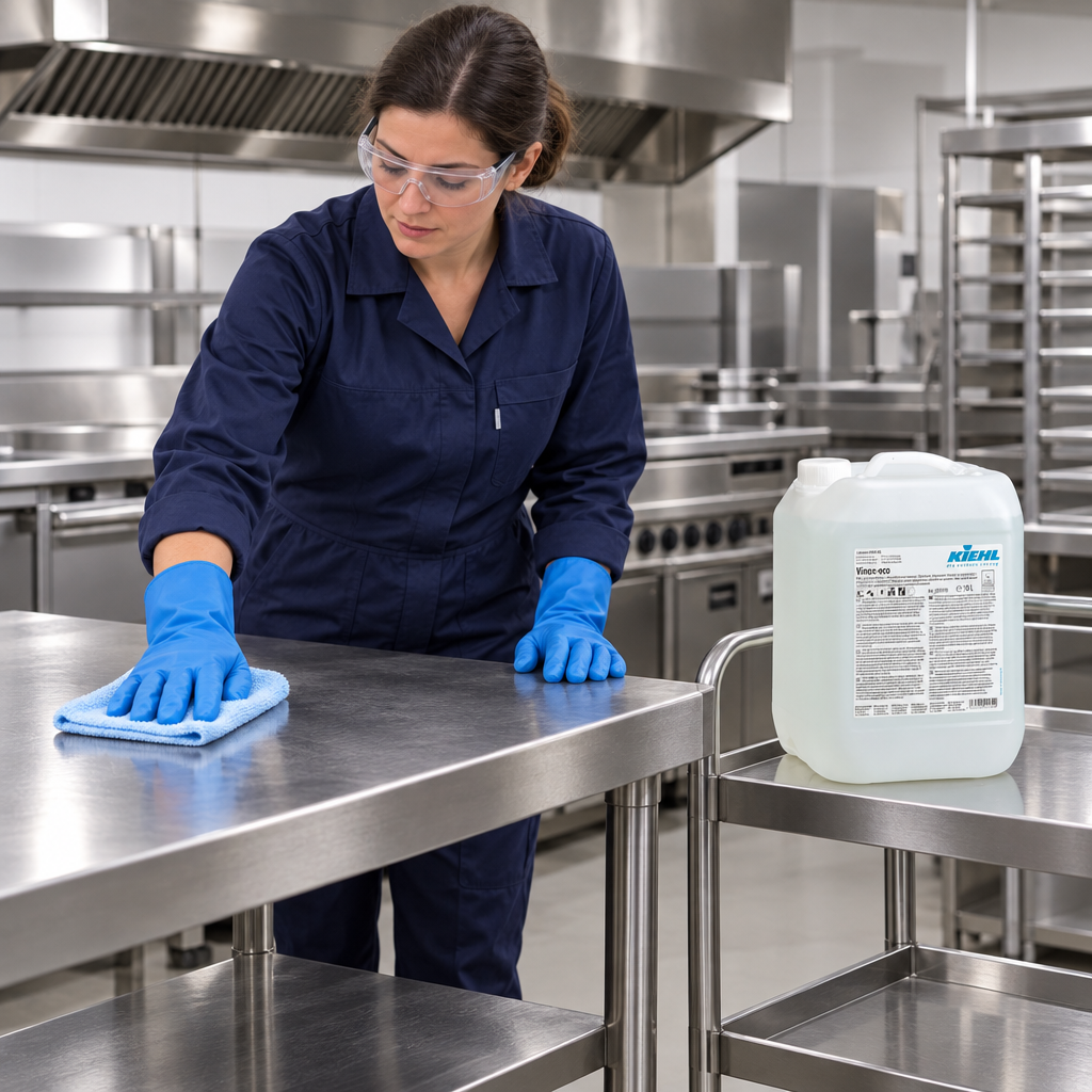 Vinox-eco 10 L ved professionel rengøring af stålbord