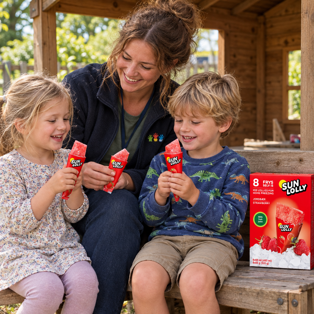 Voksen og to børn med Sun Lolly Jordbær i børnehavens have