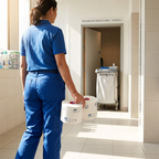 Medarbejder bærer to indpakkede toiletruller gennem sollyst serviceområde
