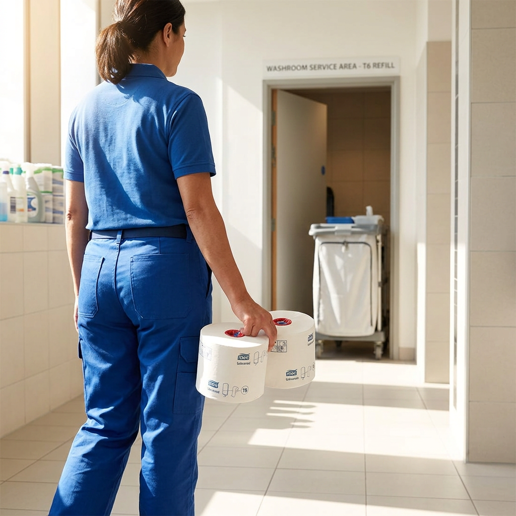 Medarbejder bærer to indpakkede toiletruller gennem sollyst serviceområde