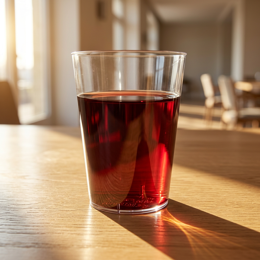Rødvin i et klart plastglas på et bord ved et solrigt vindue