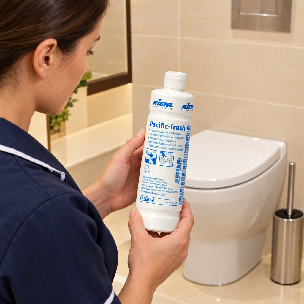 Medarbejder kontrollerer etiketten på Kiehl Pacific-fresh 500 ml før brug ved WC