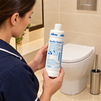 Medarbejder kontrollerer etiketten på Kiehl Pacific-fresh 500 ml før brug ved WC