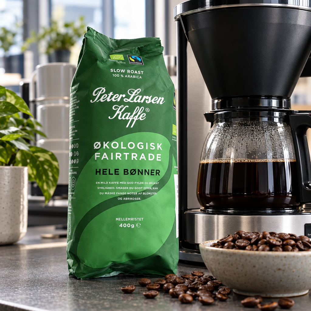 Peter Larsen hele kaffebønner 400 g ved filterkaffemaskine på kaffestation, stemningsbillede