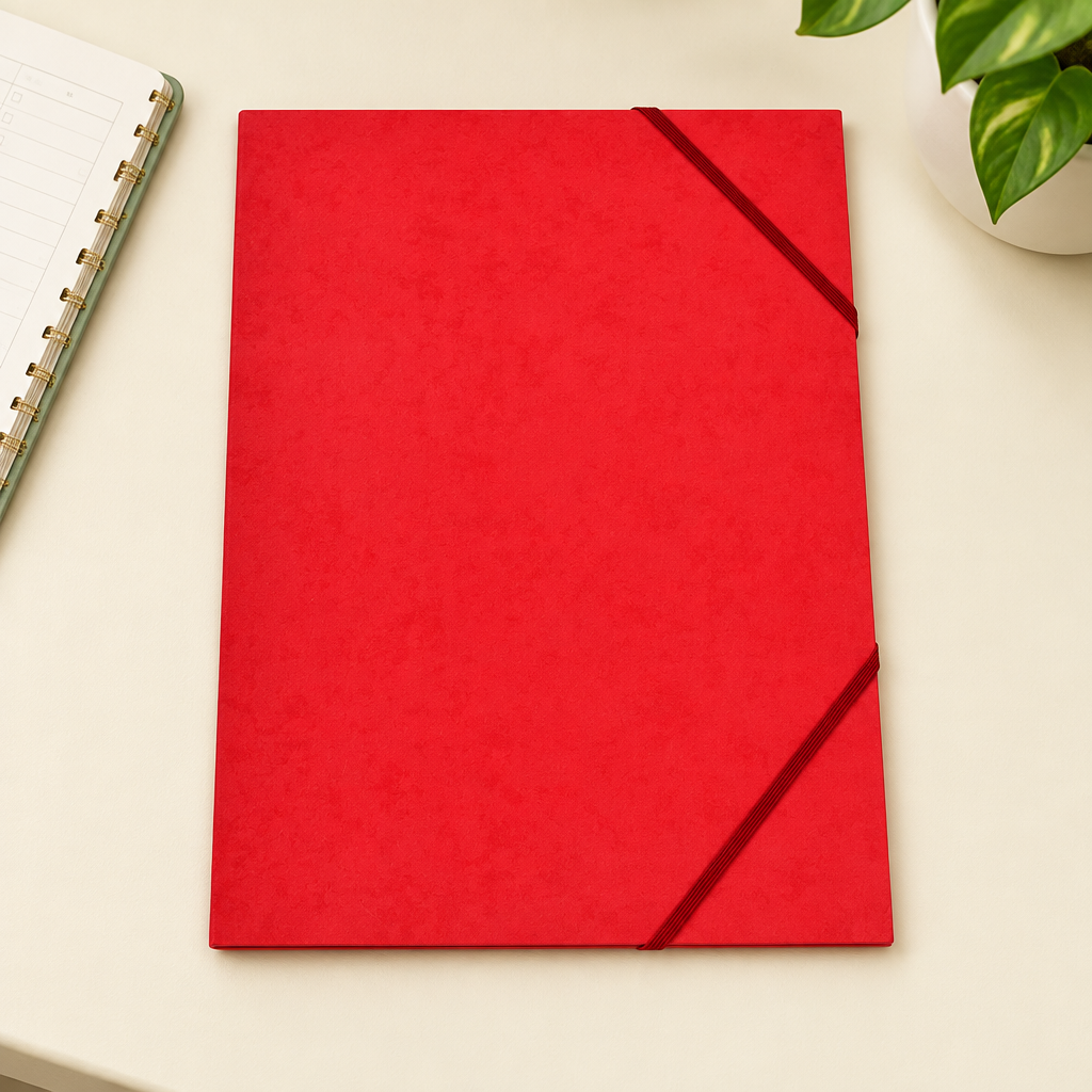 Rød BNT Office-elastikmappe ved kalender og plante, genereret miljøbillede