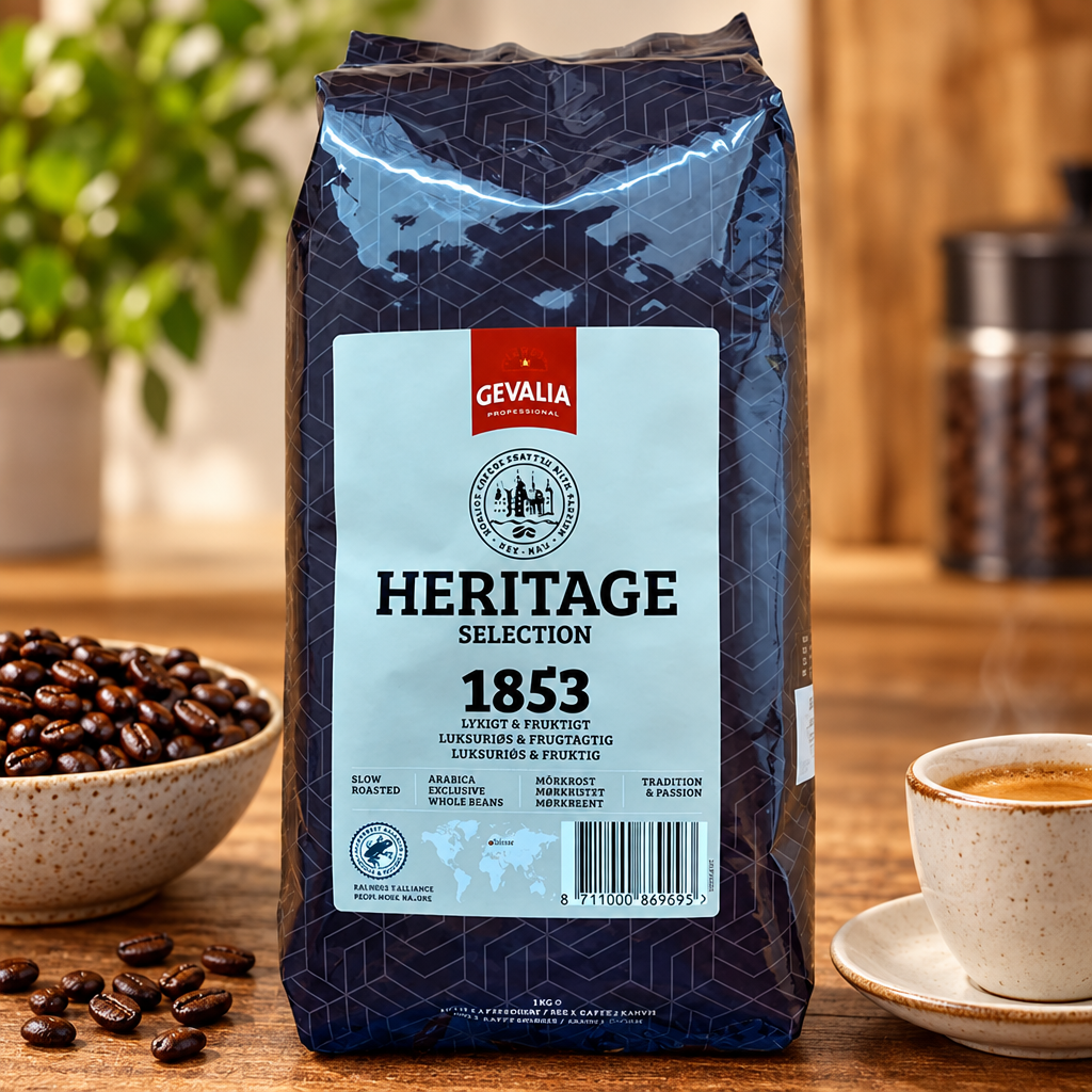 Gevalia Heritage Selection 1853 ved skål med kaffebønner og espresso, stemningsbillede