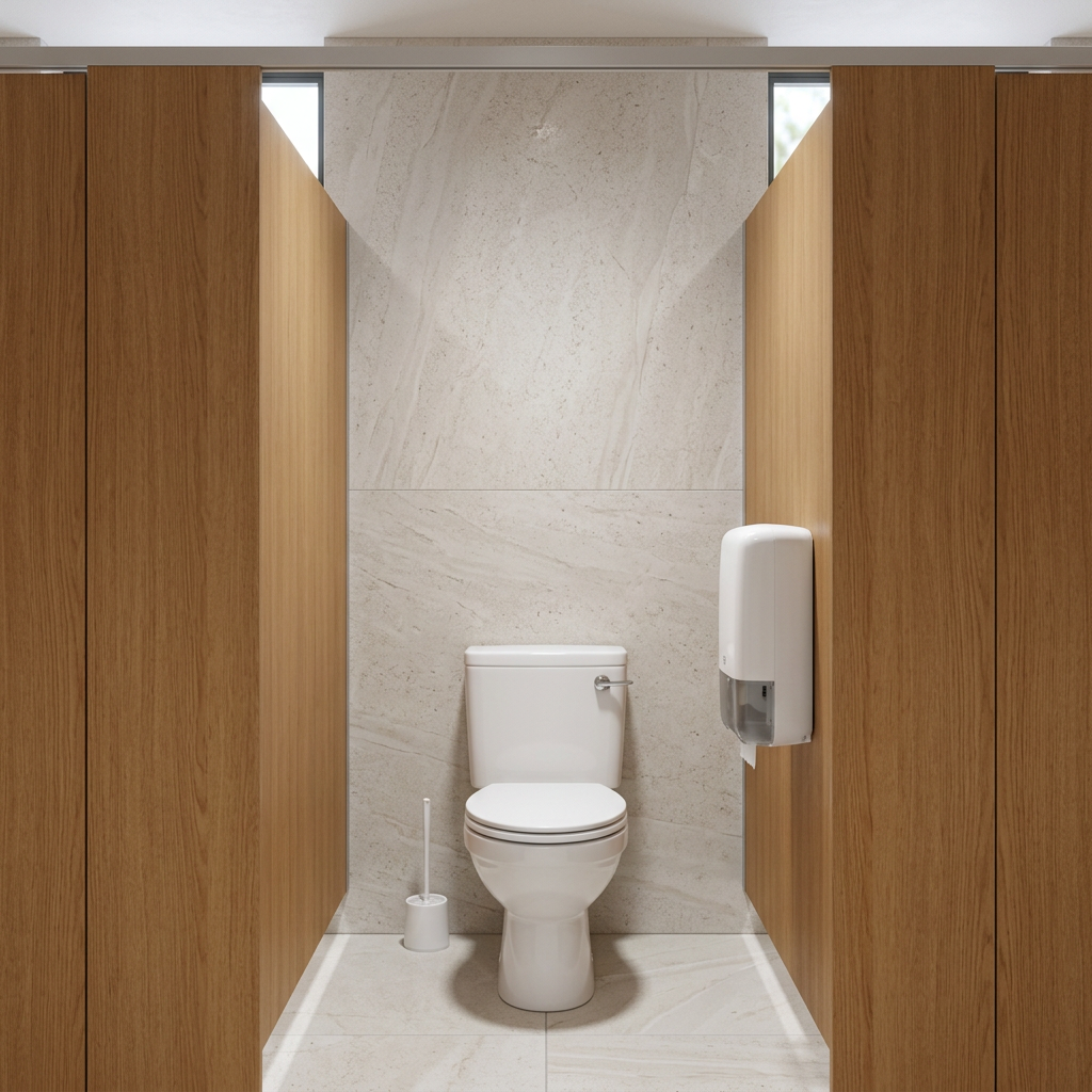 Hvid Tork T6 Twin-dispenser i lys toiletkabine med træskillevægge