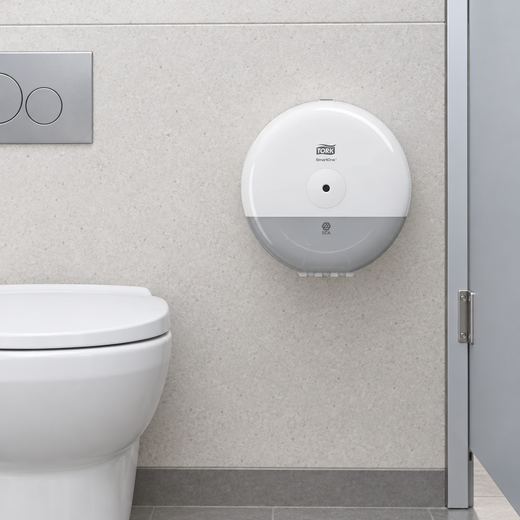 Rund Tork SmartOne Mini T9 dispenser på bibliotekets toilet
