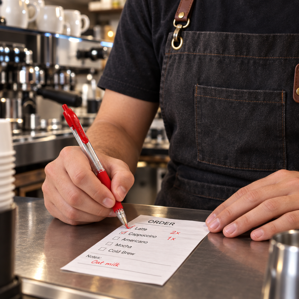 Cafémedarbejder markerer en bestillingsliste med en rød kuglepen