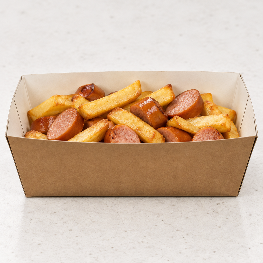 Brun kartonbakke med pommes frites og pølsestykker