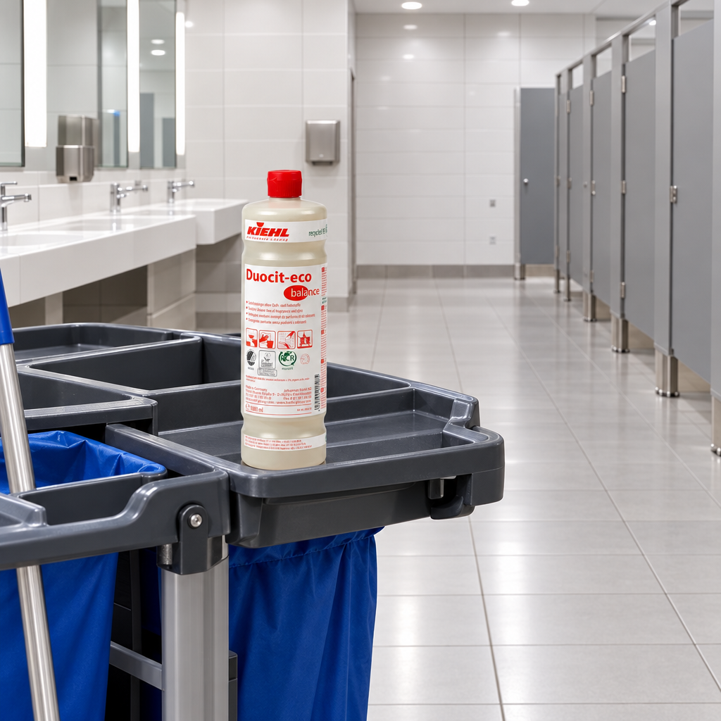 Kiehl Duocit-eco Balance 1 L på rengøringsvogn i flisebeklædt toiletområde