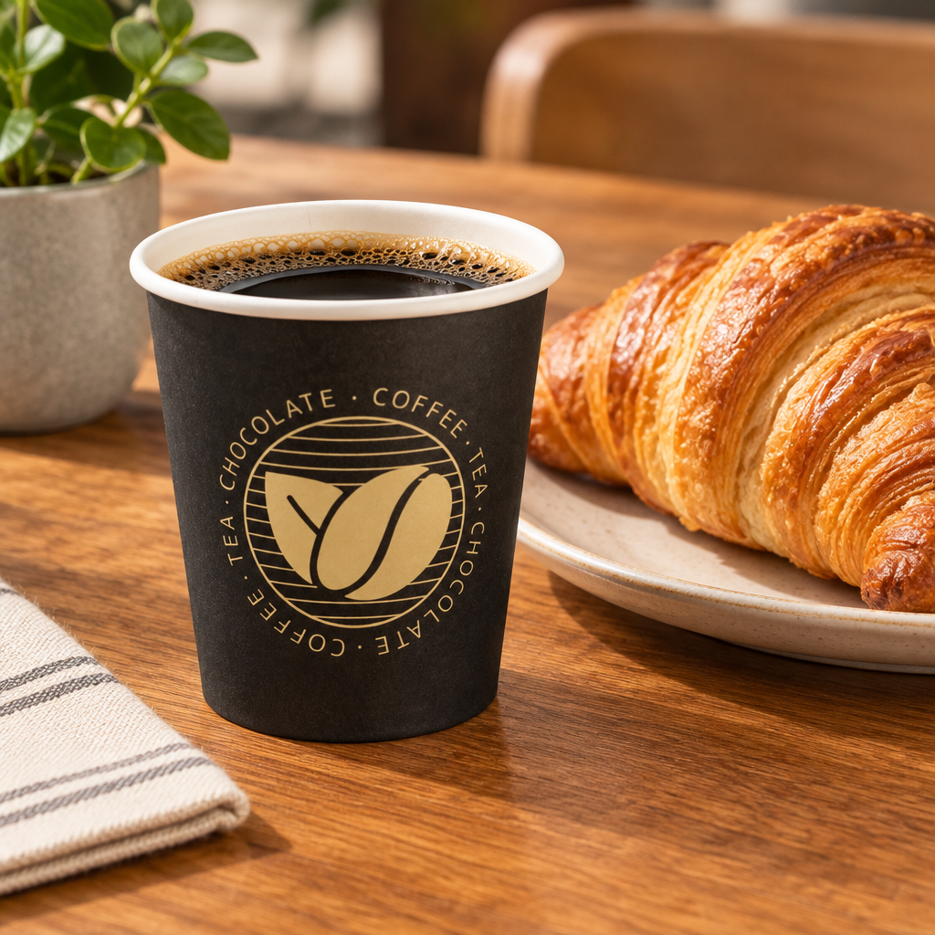 Beans-kaffebæger med kaffe ved morgenservering