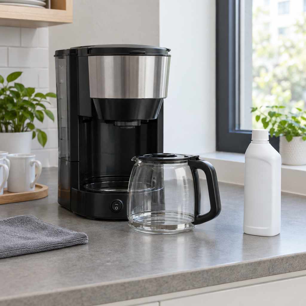 Stemningsbillede af klargøring til kaffemaskinevedligeholdelse, ikke foto af den konkrete afkalker