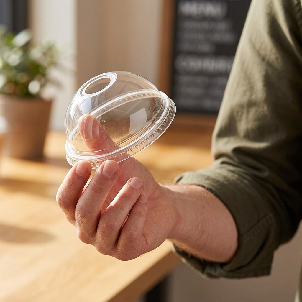 Voksen holder klart kuppellåg ved kanten i sollyst café