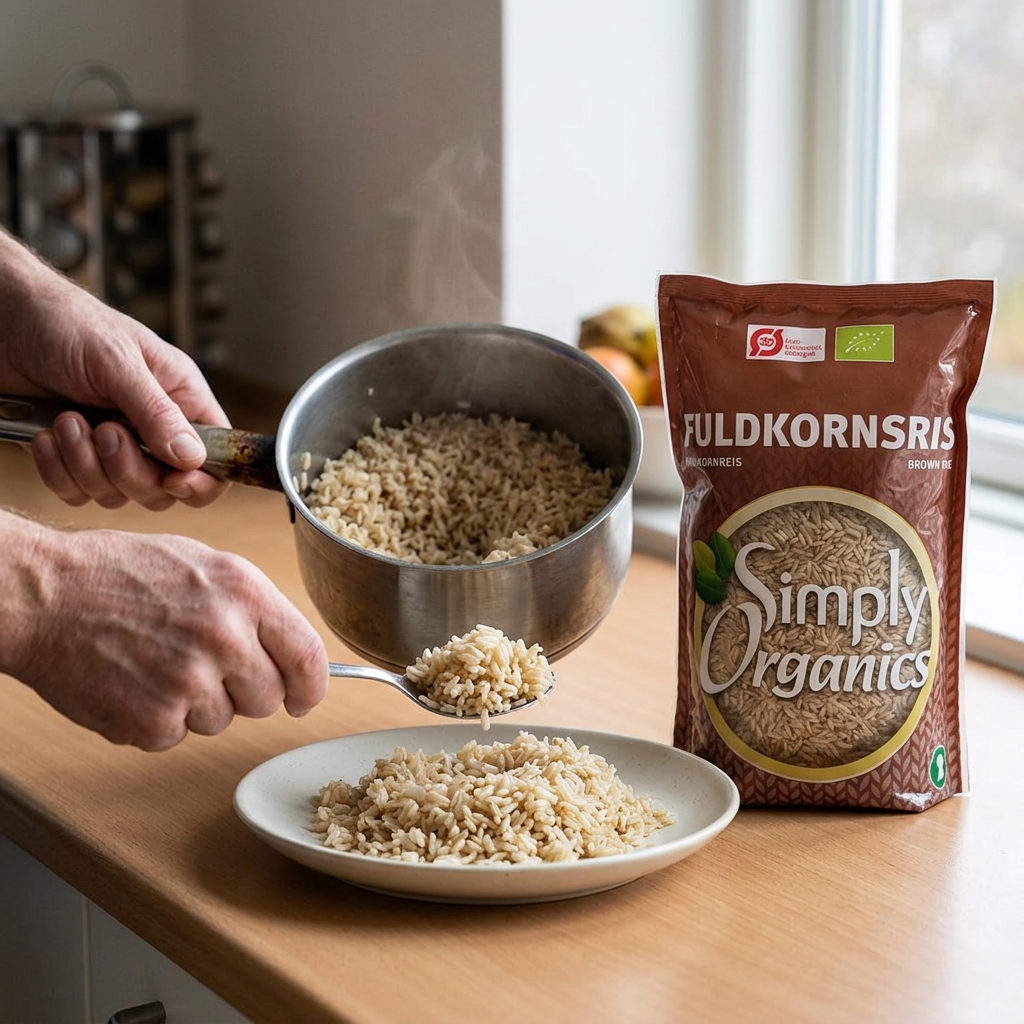 Kogte brune ris serveres fra gryde på en tallerken
