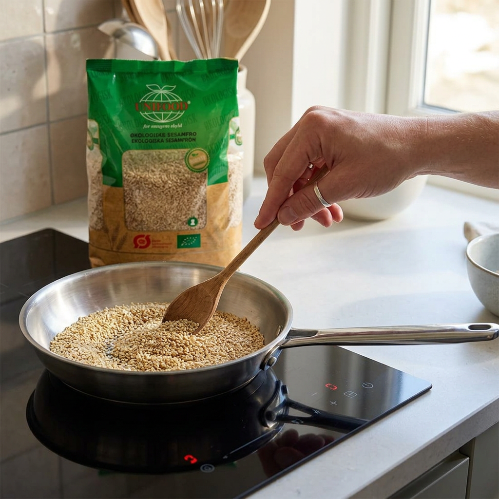 Sesamfrø vendes på en pande i et sollyst køkken med posen fra Unifood