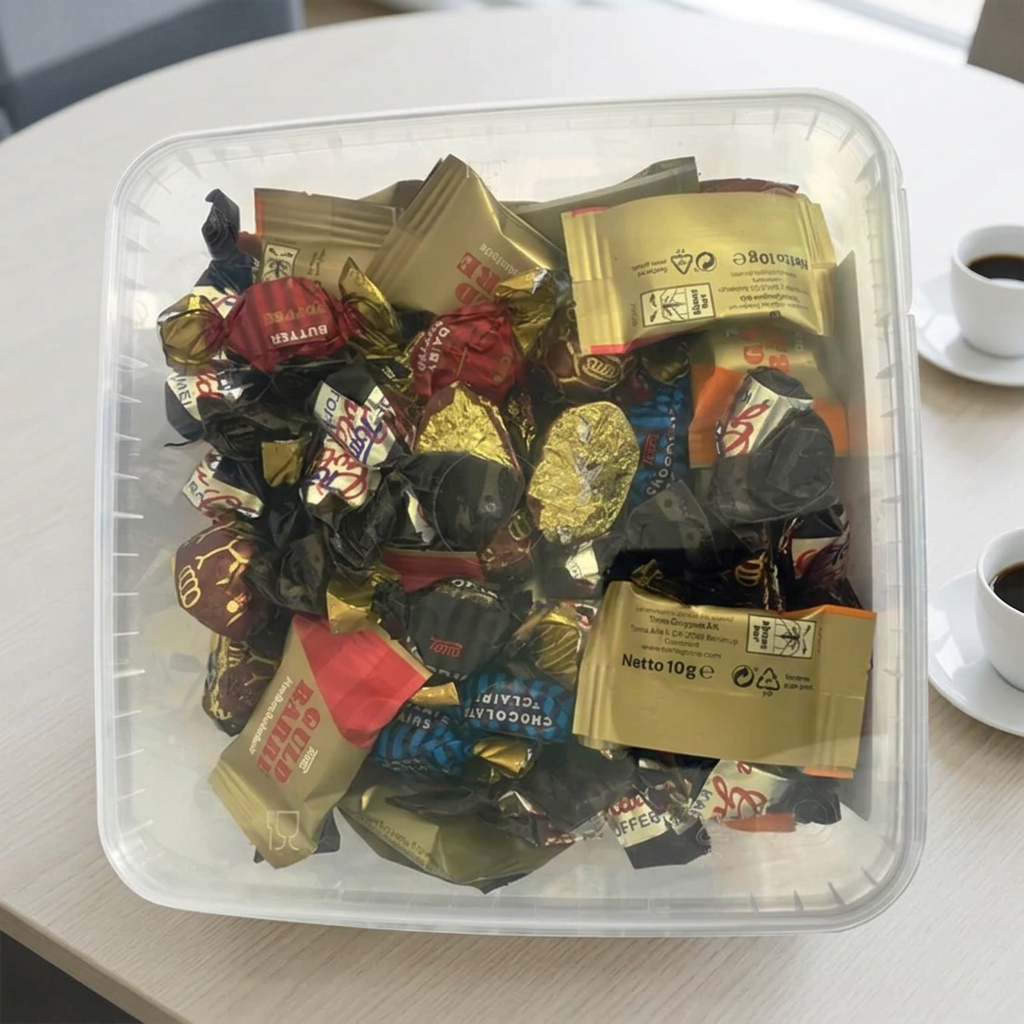Åben bøtte Toms Festival Mix på lyst mødebord ved kaffekopper