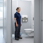 Voksen medarbejder ved hvid Tork OptiServe T7-dispenser i lyst toiletrum