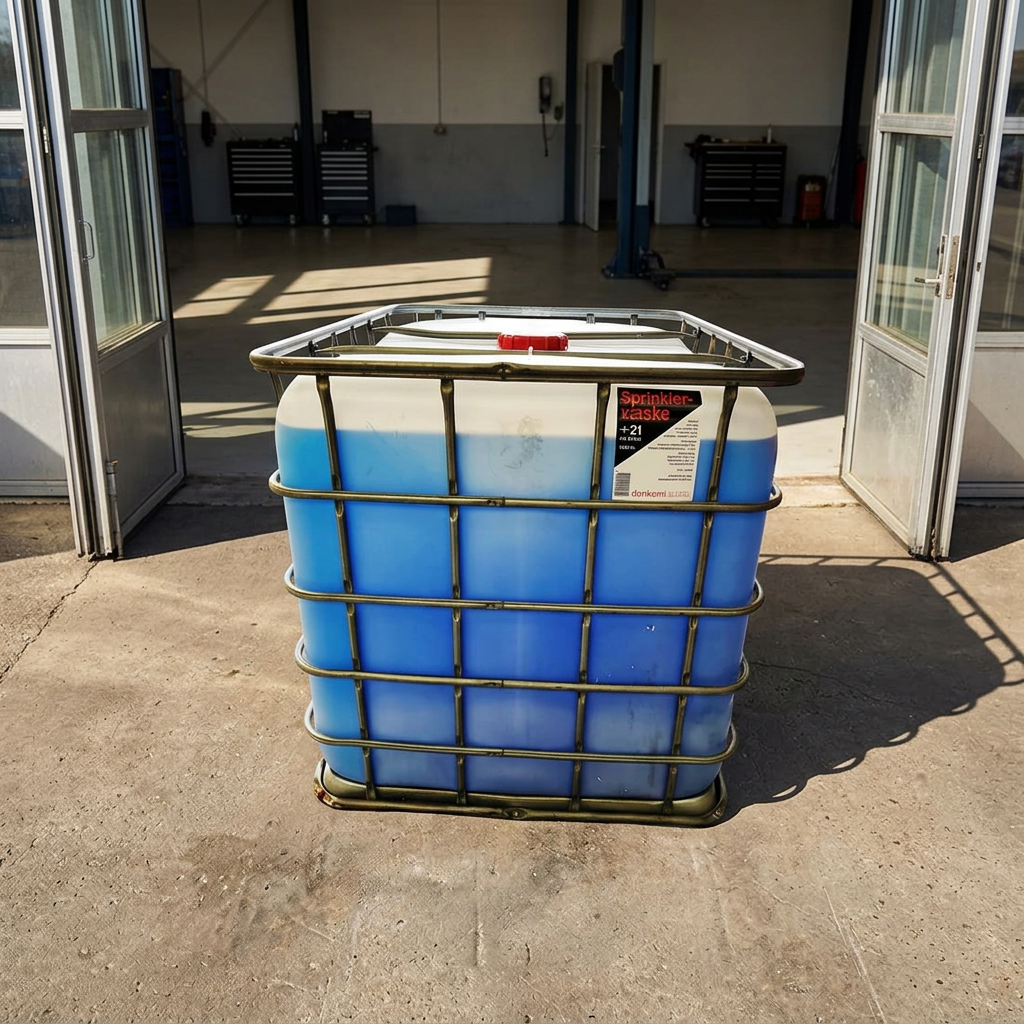 1.000-liters palletank med sprinklervæske ved solbeskinnet garage