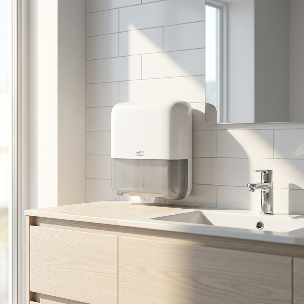 Hvid Tork Matic H1 551000 dispenser ved kontorets håndvask i sollys