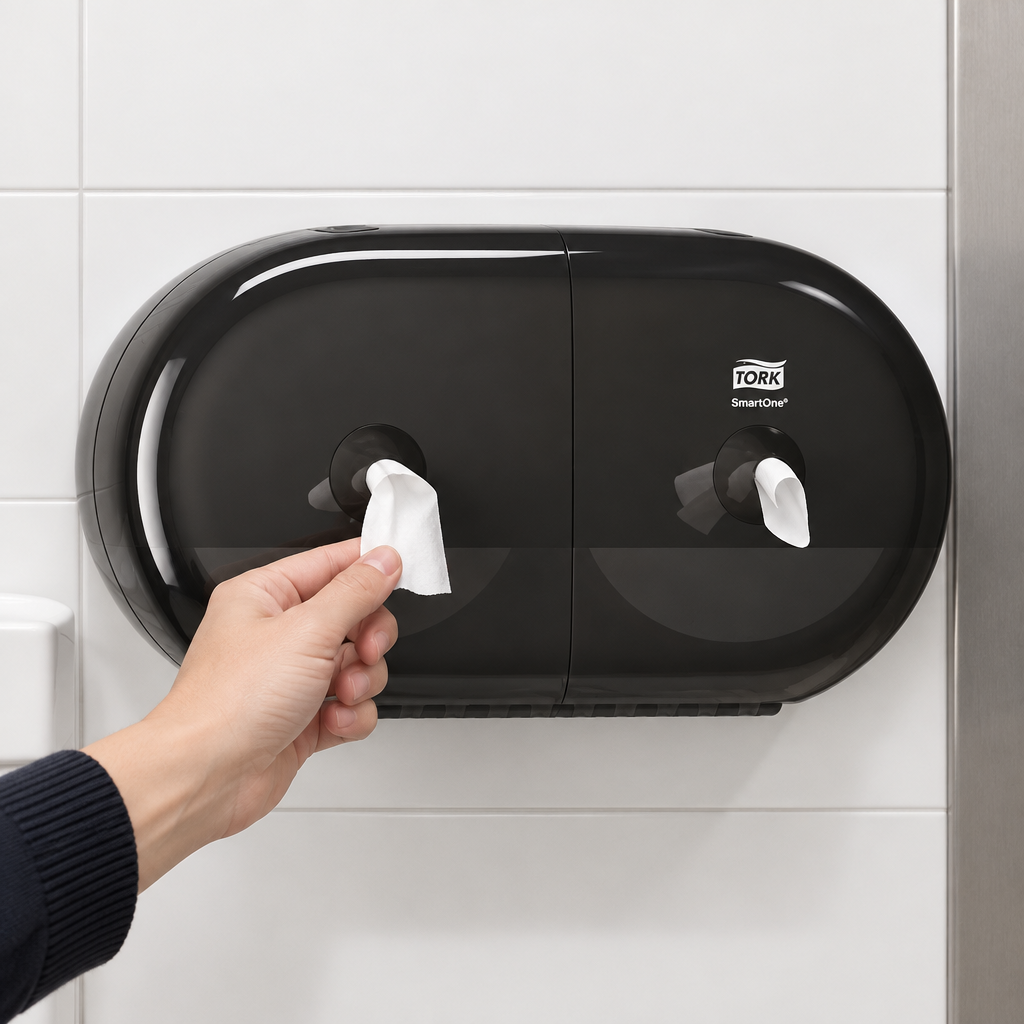 Hånd tager toiletpapir fra venstre udtag på sort Tork SmartOne Mini Twin T9