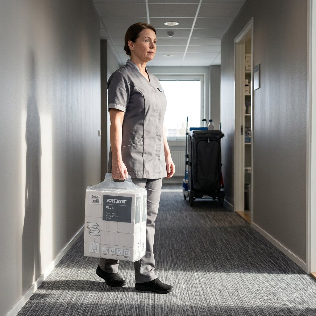 Medarbejder bærer Katrin Plus Handy Pack på servicerunden
