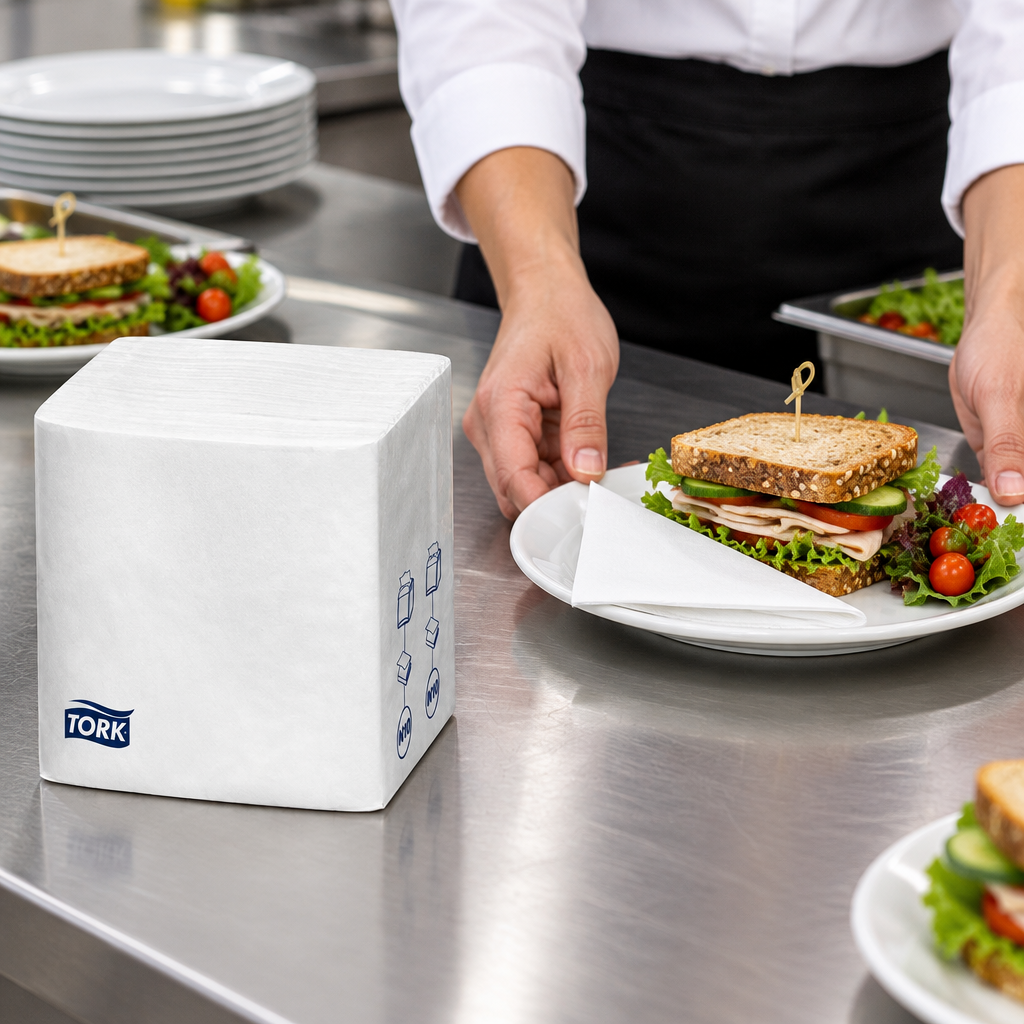 Tork-servietpakke ved klargøring af sandwichservering