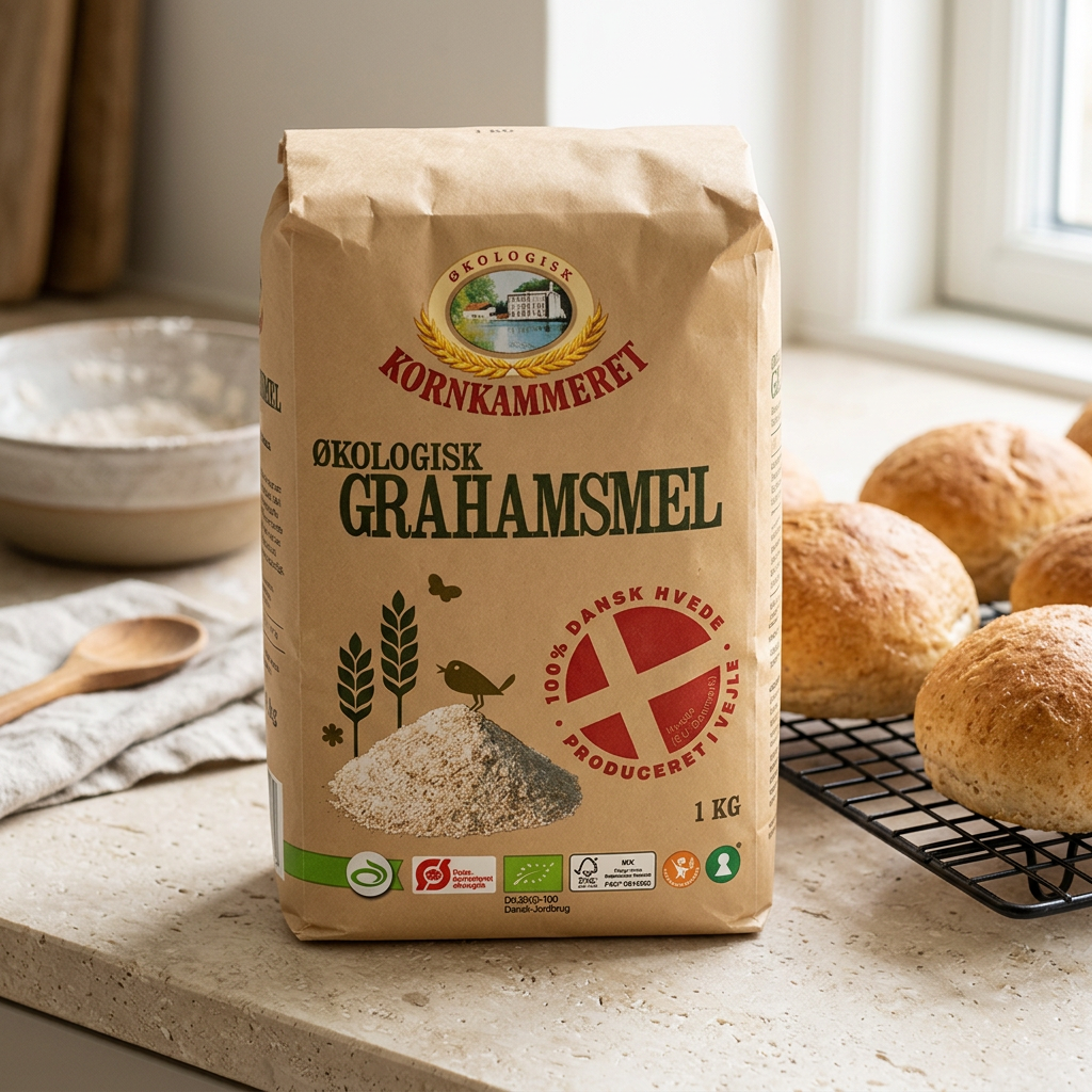 Kornkammeret økologisk grahamsmel i 1 kg pakke ved brødboller på en rist